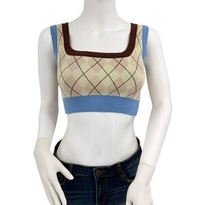 CIDER XS Argyle Sweater Vest Blue Brown Tan Cropped Knit Preppy Festival Retro